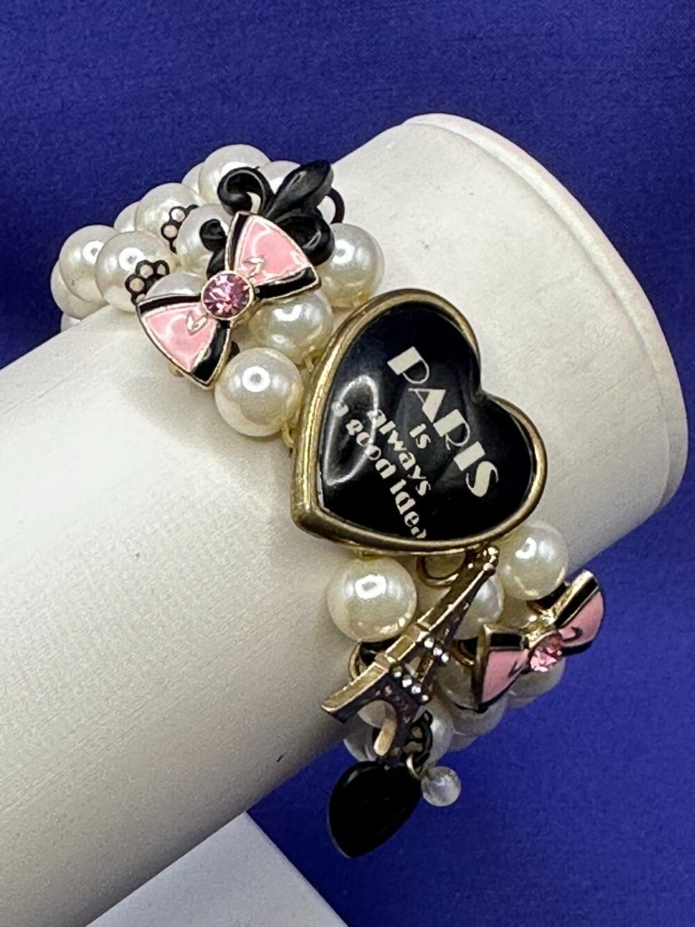 VTG Betsey Johnson Paris-Themed Multi-Strand Faux Pearl Bracelet